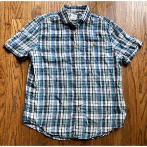 Baird McNutt 100% Linen Shirt Mens Size Large Blue Plaid Short Sleeve Murano